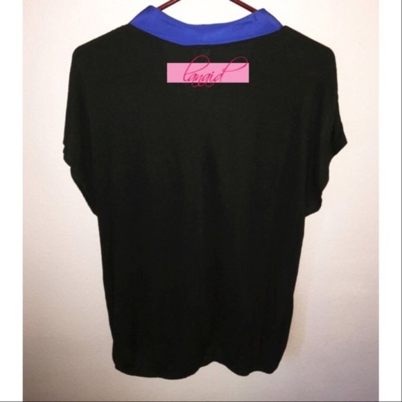 Blue Black Surplice V-Neck Drape Wrap V-Neck Colorblock Flowy Criss-Cross Blouse - Picture 2 of 3